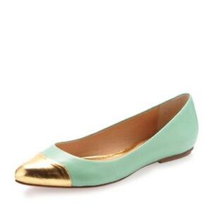 Rebecca Minkoff gold toe teal mint flats pointy toe